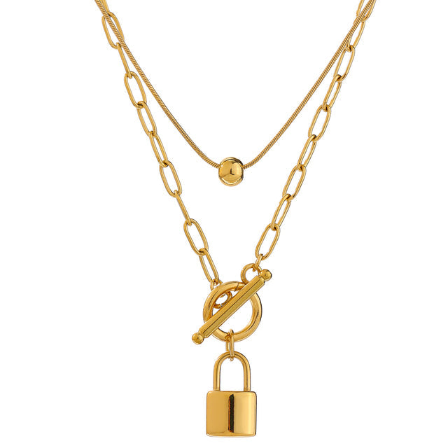 Layered Padlock Toggle Necklaces Silver