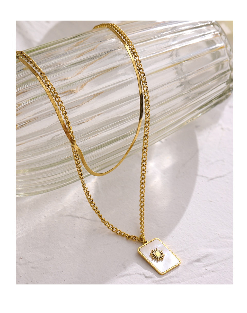 Mother of Pearl Sun Pendant Layered Necklace Gold