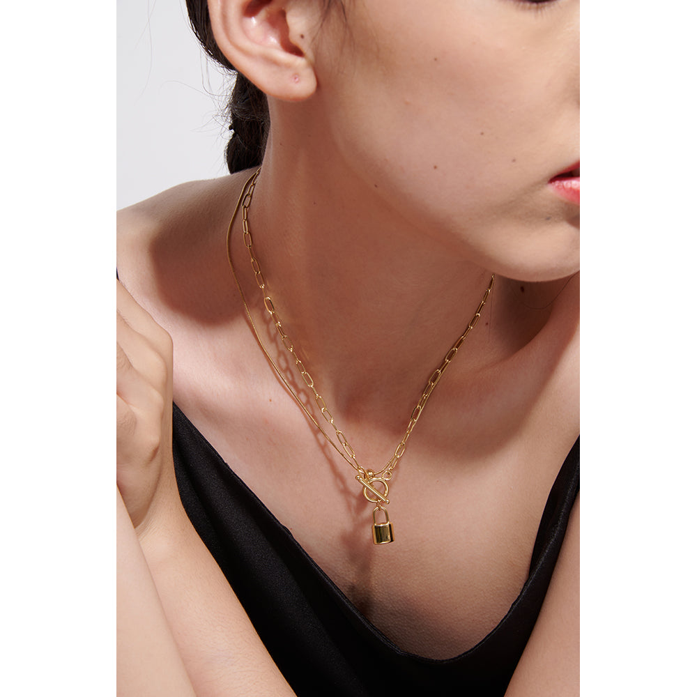 Layered Padlock Toggle Necklaces Silver