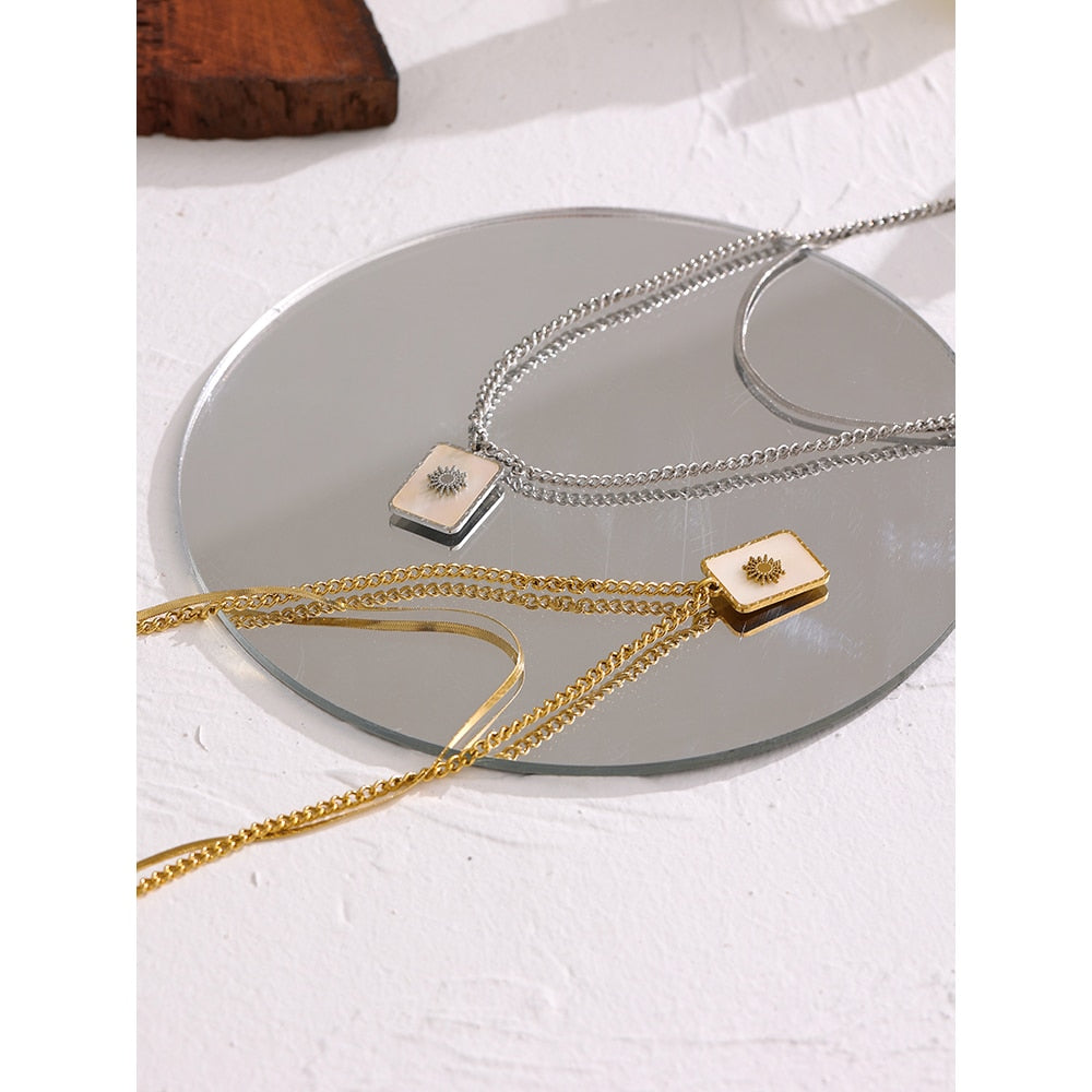 Mother of Pearl Sun Pendant Layered Necklace Gold