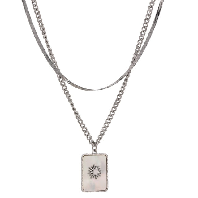 Mother of Pearl Sun Pendant Layered Necklace Gold