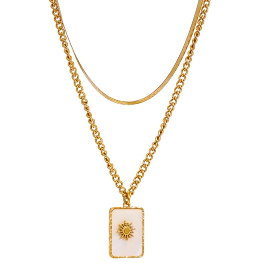 Mother of Pearl Sun Pendant Layered Necklace Gold