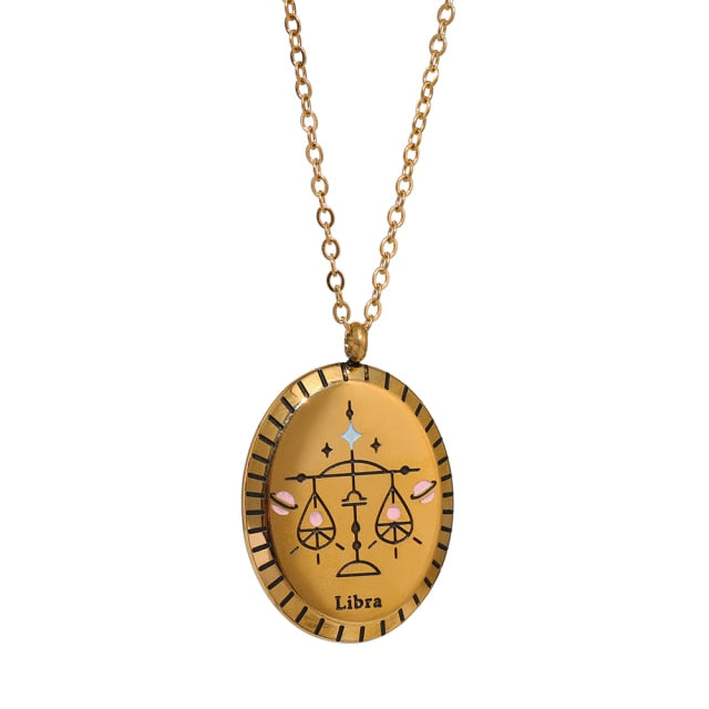 Zodiac Oval Pendant Necklace Gold