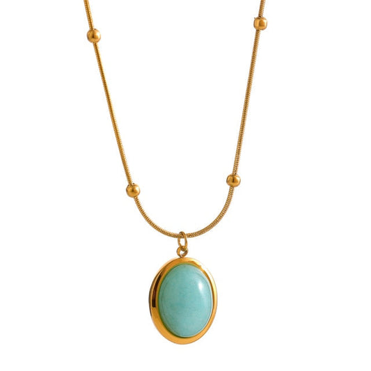 Aqua Oval Pendant Necklace Gold