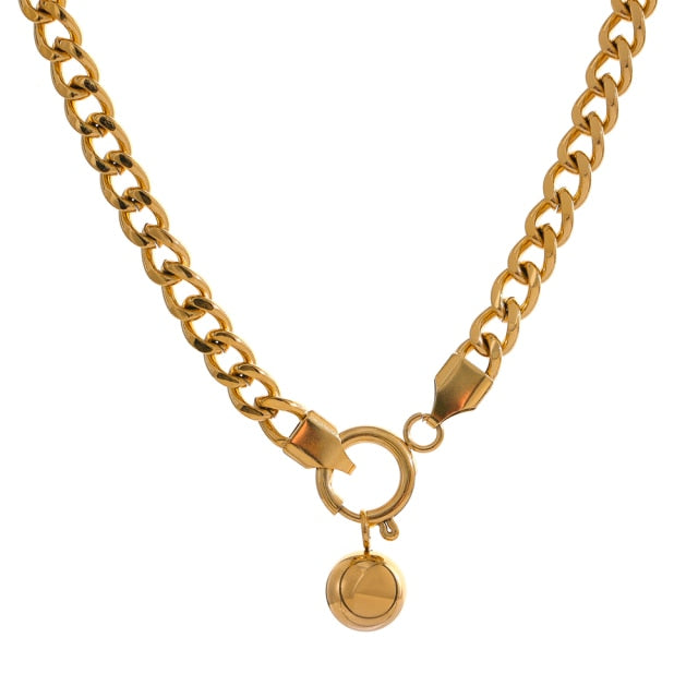 Chunky Gold Curb Chain Necklace and Bracelet Set with Gold Beads