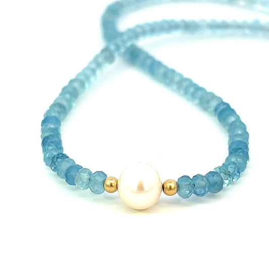Dainty Aquamarine and Pearl Choker Necklace 14k GF Gold