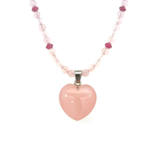 Pink Rose Quartz Puffy Heart Pendant With Tourmaline Chain Necklace Stainless