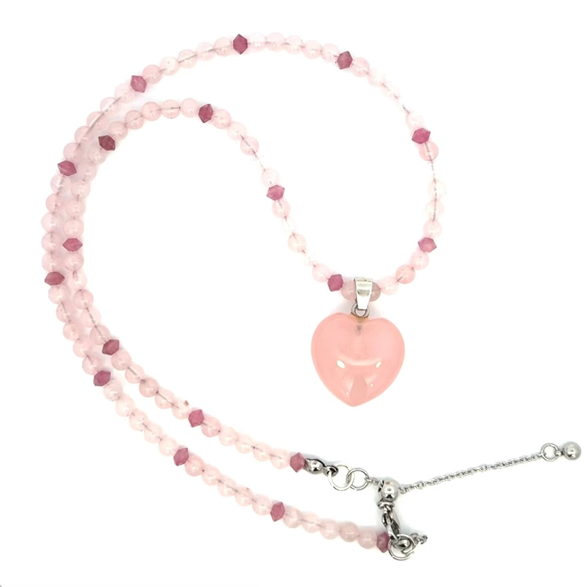 Pink Rose Quartz Puffy Heart Pendant With Tourmaline Chain Necklace Stainless