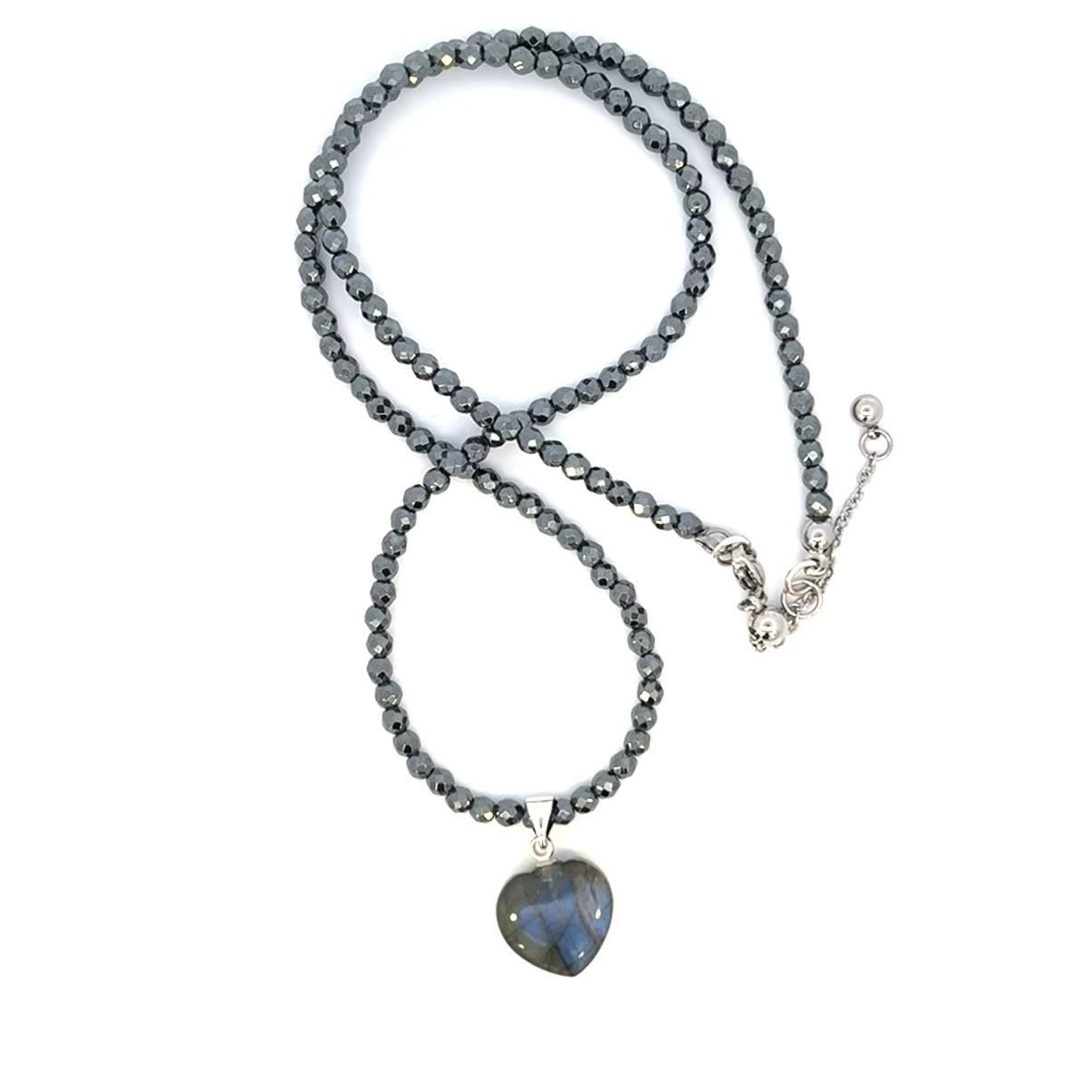 Labradorite Puffy Heart Pendant With Hematite Chain Necklace Stainless