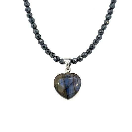 Labradorite Puffy Heart Pendant With Hematite Chain Necklace Stainless