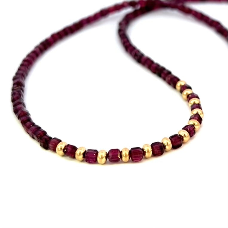 Dainty Berry Red Garnet Necklace Dice Cube Beads AAA 14k GF Gold
