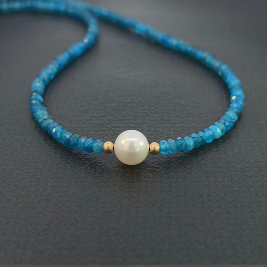 Neon Blue Apatite and Pearl Necklace 14k GF Gold