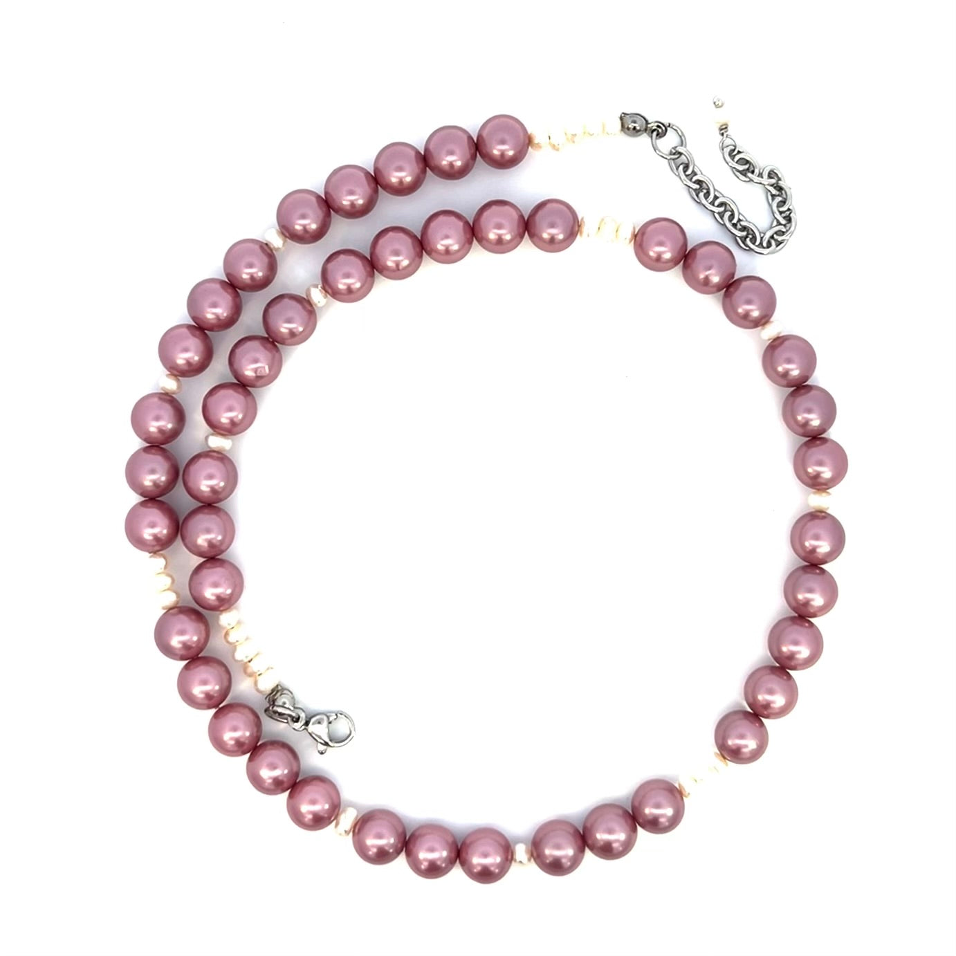 Mauve Pink and White Pearl Necklace Silver