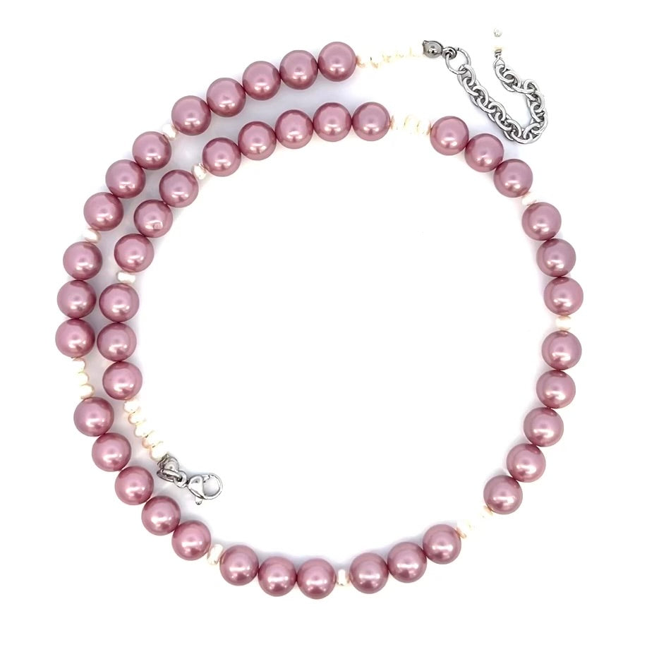 Mauve Pink and White Pearl Necklace Silver