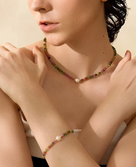 Mixed Tourmaline Gemstone and Pearl Necklace and Bracelet Set