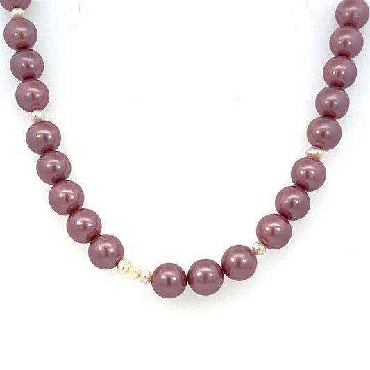 Mauve Pink and White Pearl Necklace Silver