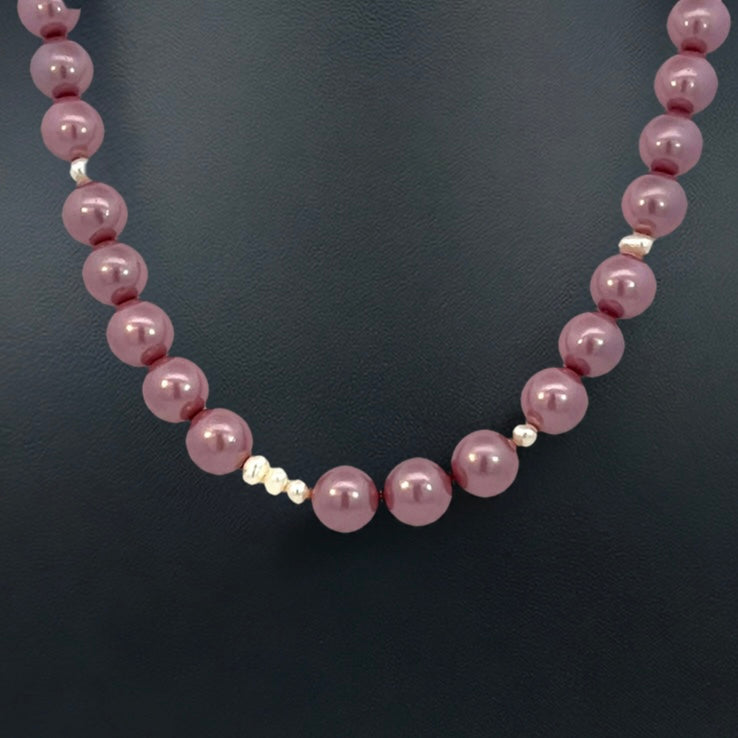 Mauve Pink and White Pearl Necklace Silver