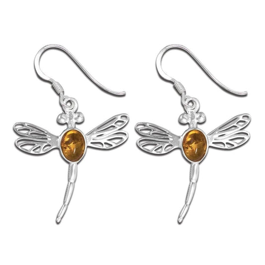 Amber Dragonfly Earrings with Amber Sterling Silver