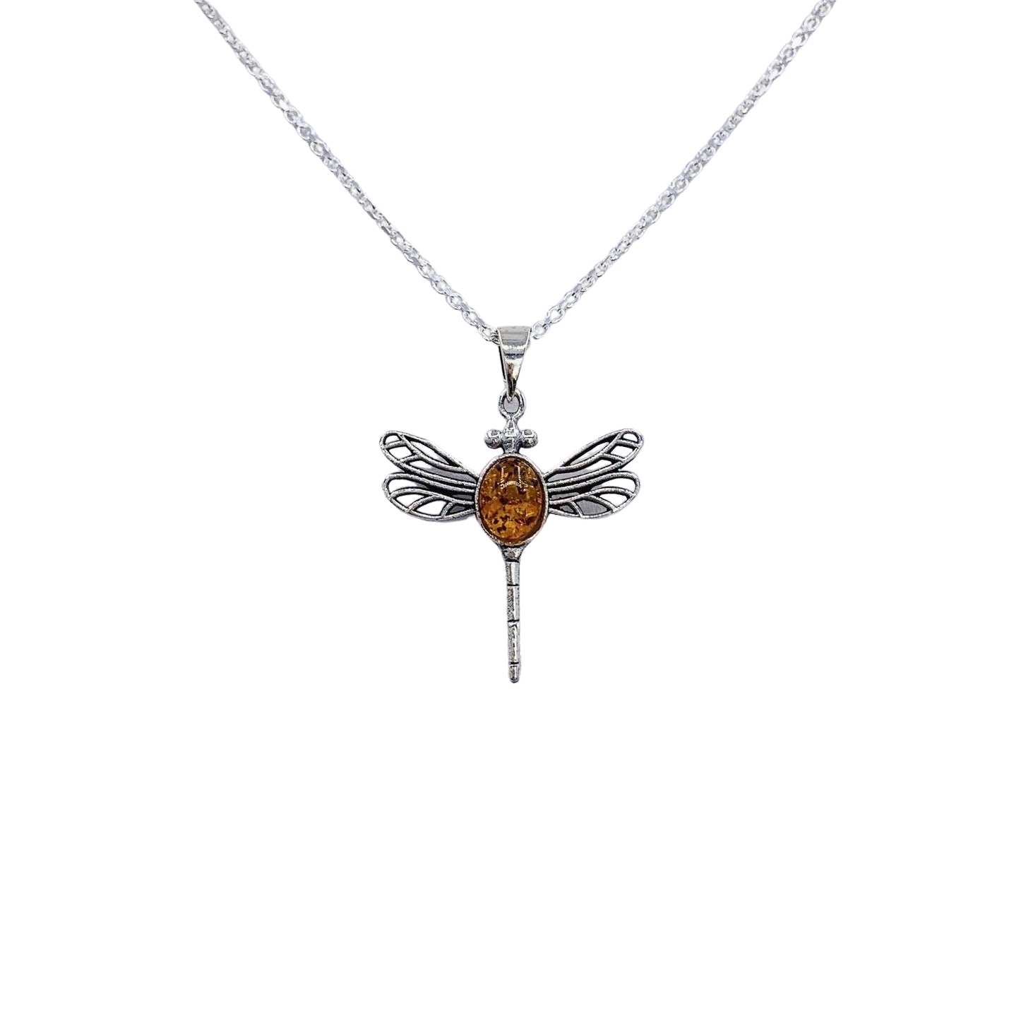 Amber Dragonfly Pendant Necklace with Amber Adjustable Sterling Chain