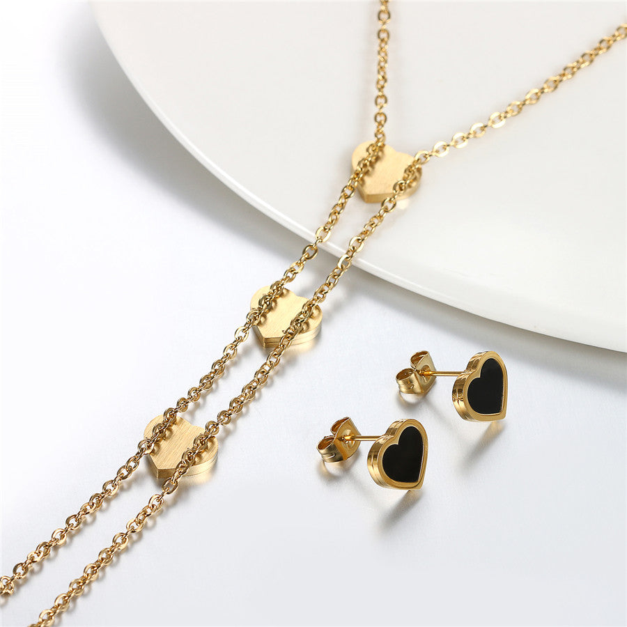 Triple Heart Lariat Y Necklace and Earrings Set Gold or Silver