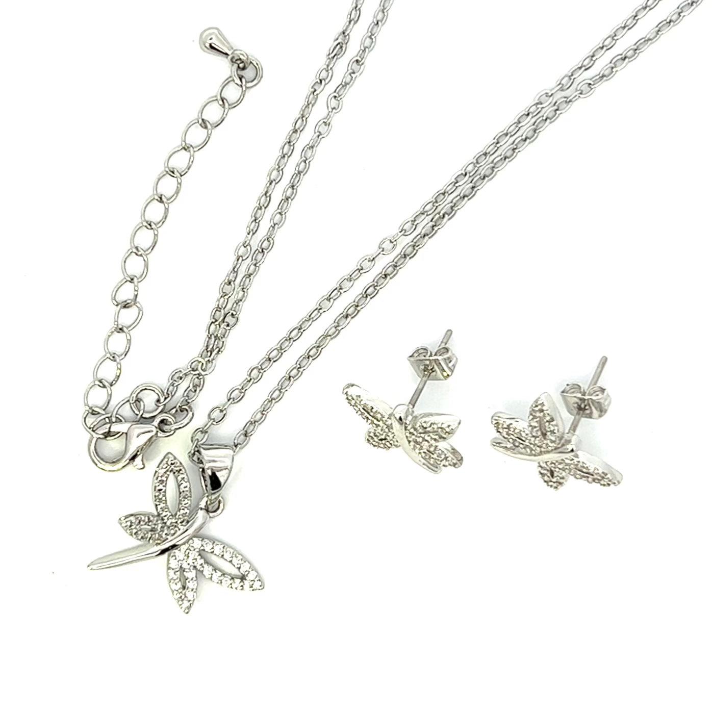 Sparkly Dragonfly Pendant Necklace and Earrings Set Silver