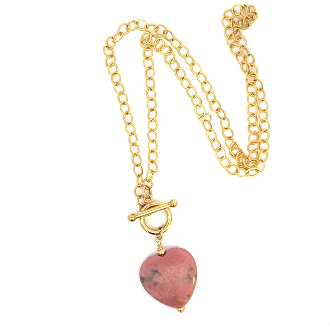 Rhodonite Heart 14k GF Heart Necklace Gold Front Toggle Necklace with Pink Heart