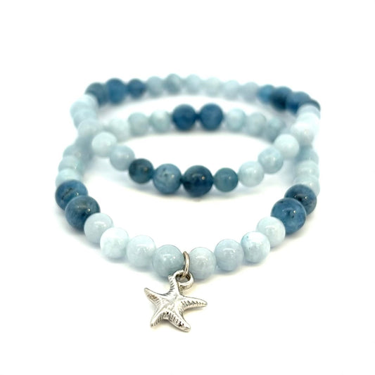 Aquamarine with Starfish Charm Stretch Bracelets Set