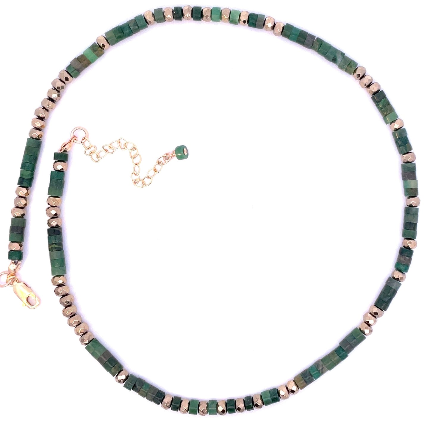 African Green Jade and Pyrite Drum Bead Choker Necklace 14k GF