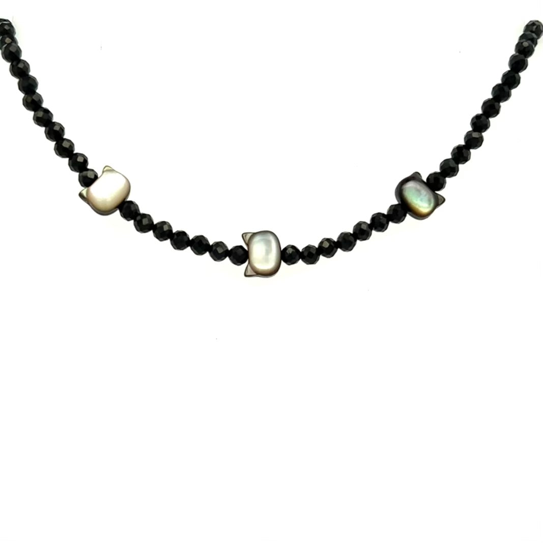 Dainty Black Spinel Choker Necklace With Cats of Black Mother of Pearl 14k  GF Gold