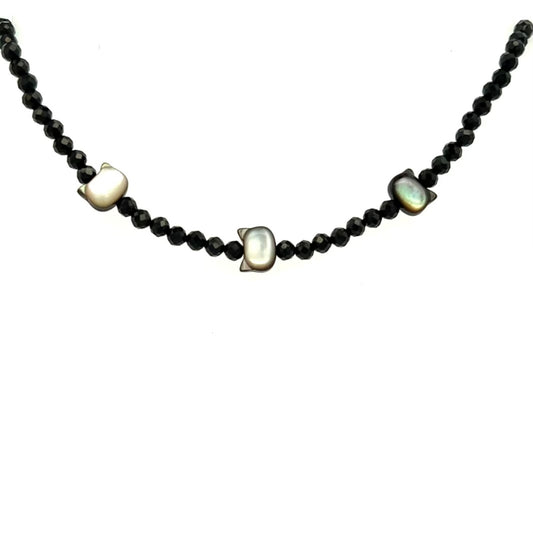 Dainty Black Spinel Choker Necklace With Cats of Black Mother of Pearl 14k GF Gold