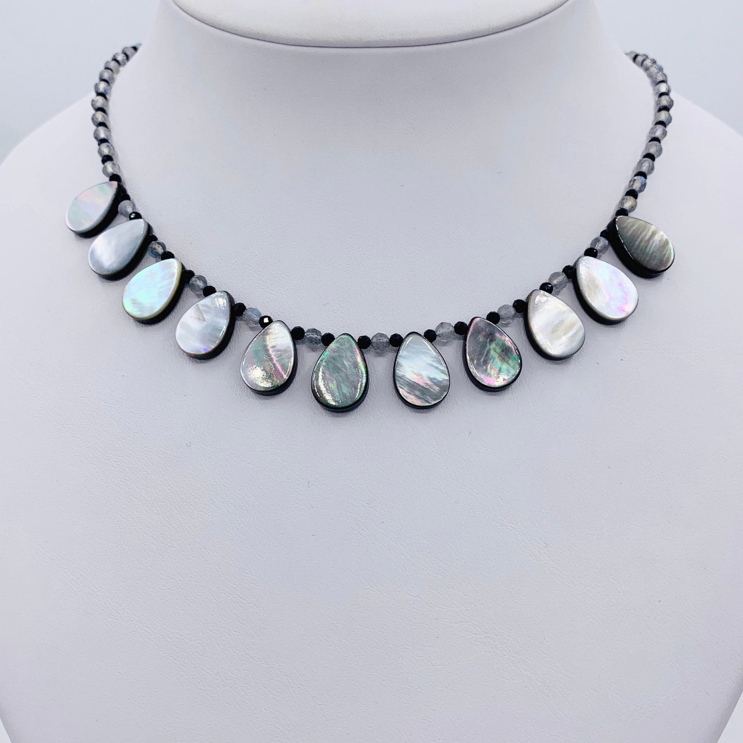 Labradorite with Black Mother of Pearl and Black Spinel Necklace 14K GF Gold