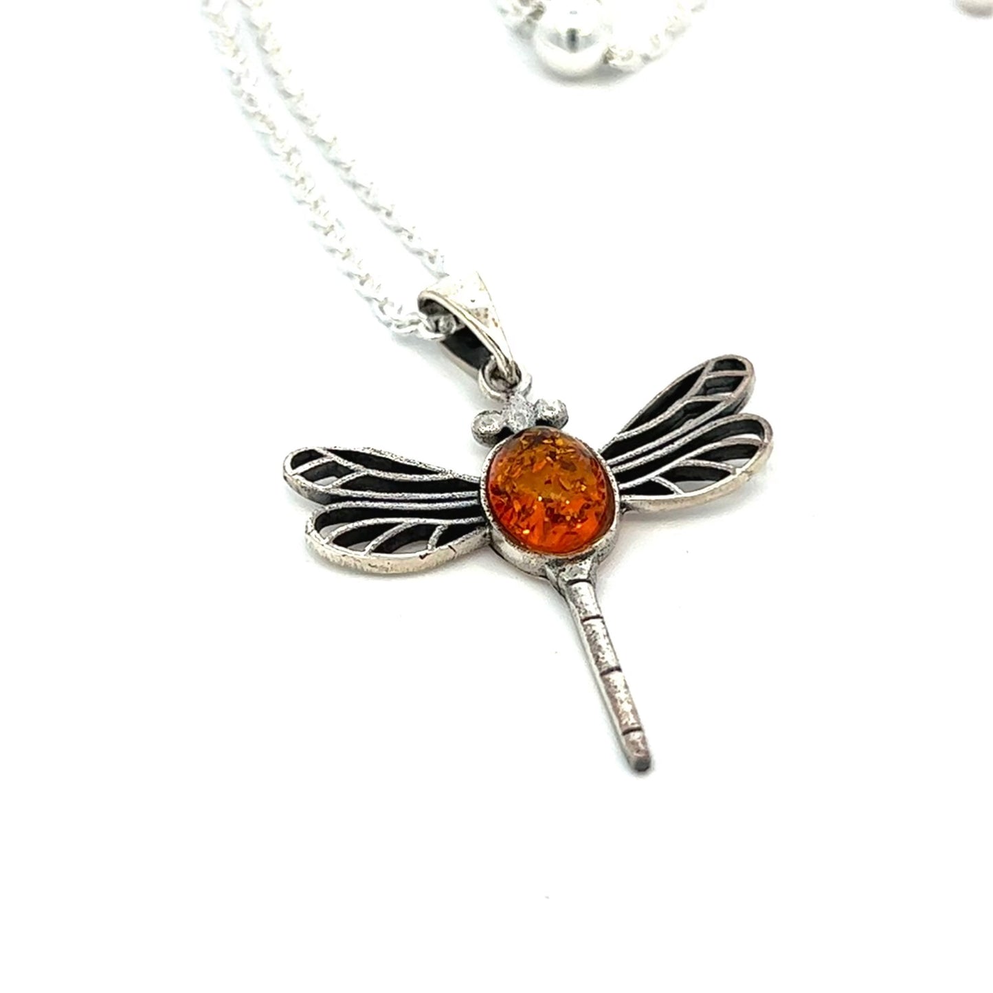 Amber Dragonfly Pendant Necklace with Amber Adjustable Sterling Chain