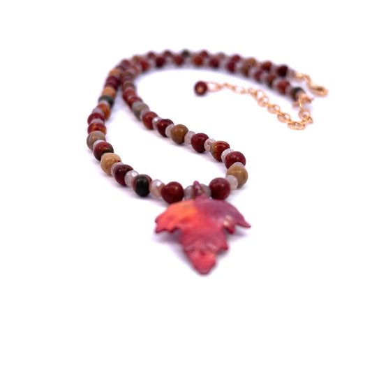 Red Creek Jasper and Moonstone Choker Necklace with Maple Leaf Pendant