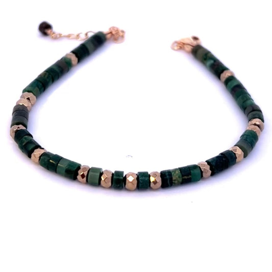 African Green Jade and Pyrite Drum Bead Bracelet 14k GF
