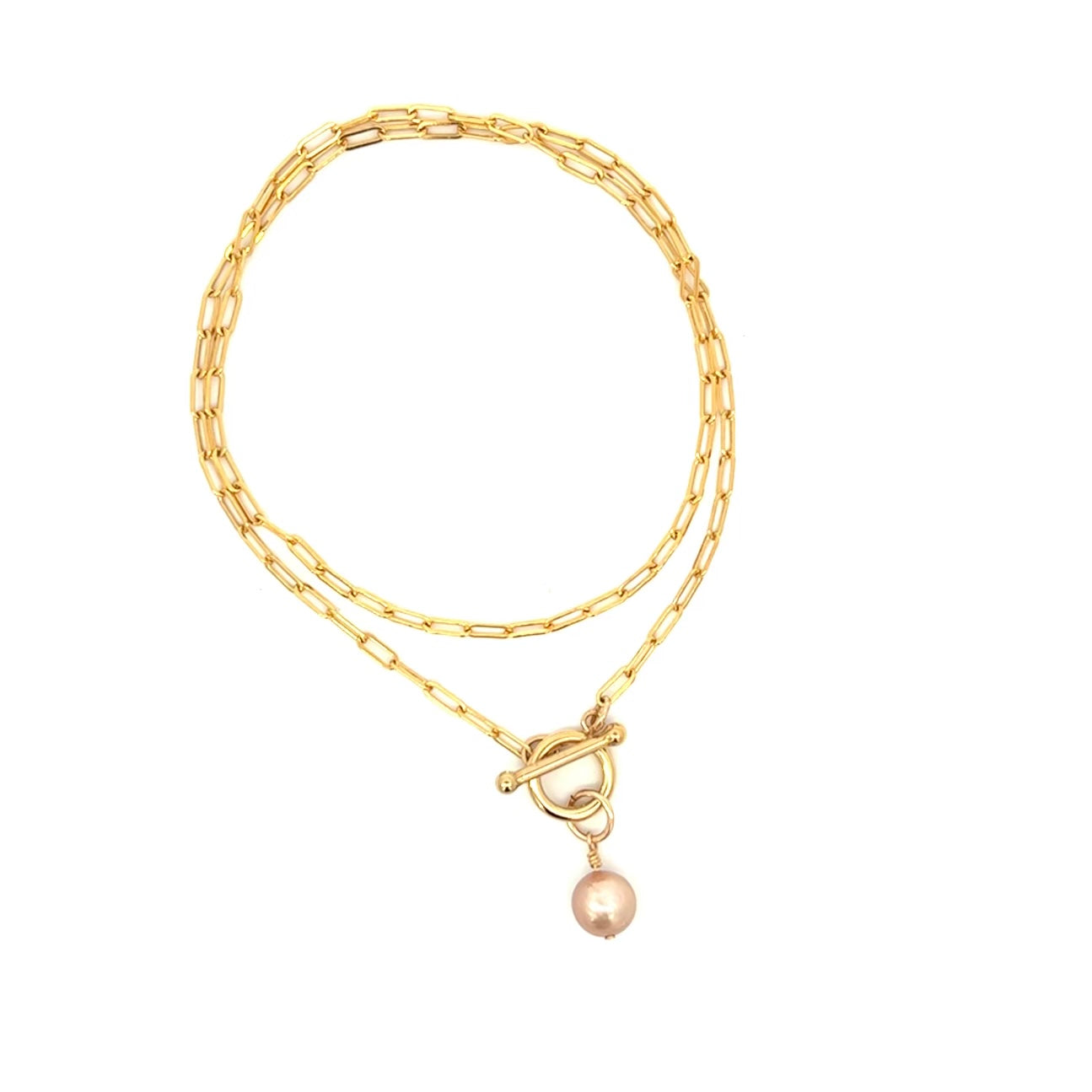 Paperclip Chain Pearl Necklace Front Toggle 14k GF