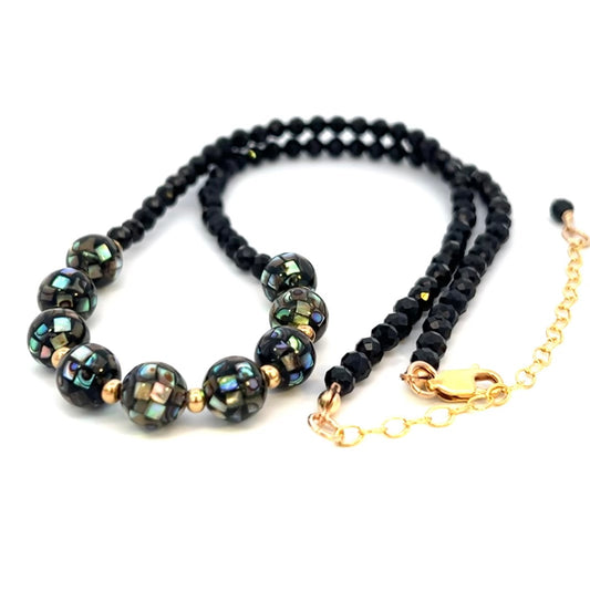 Black Spinel and Abalone Necklace 14k GF Gold