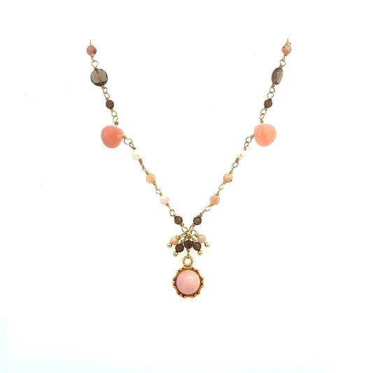 Italian Pink Opal with Smoky Quartz and Pearls Necklace