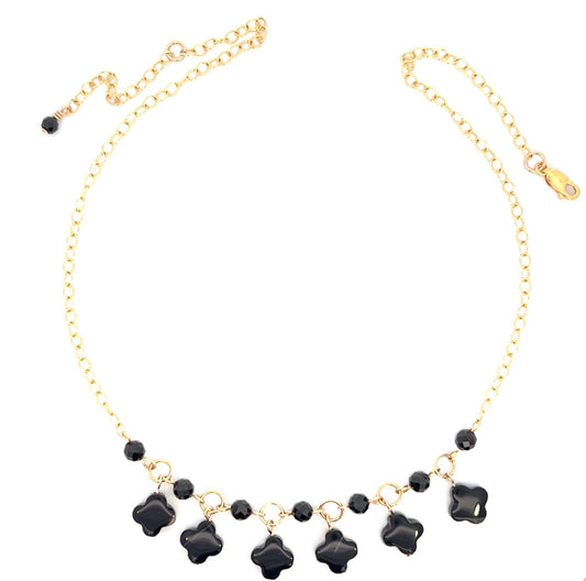 Lucky Clover Black Agate Four Leaf Clovers and Black Spinel Gemstone Choker Necklace 14k GF