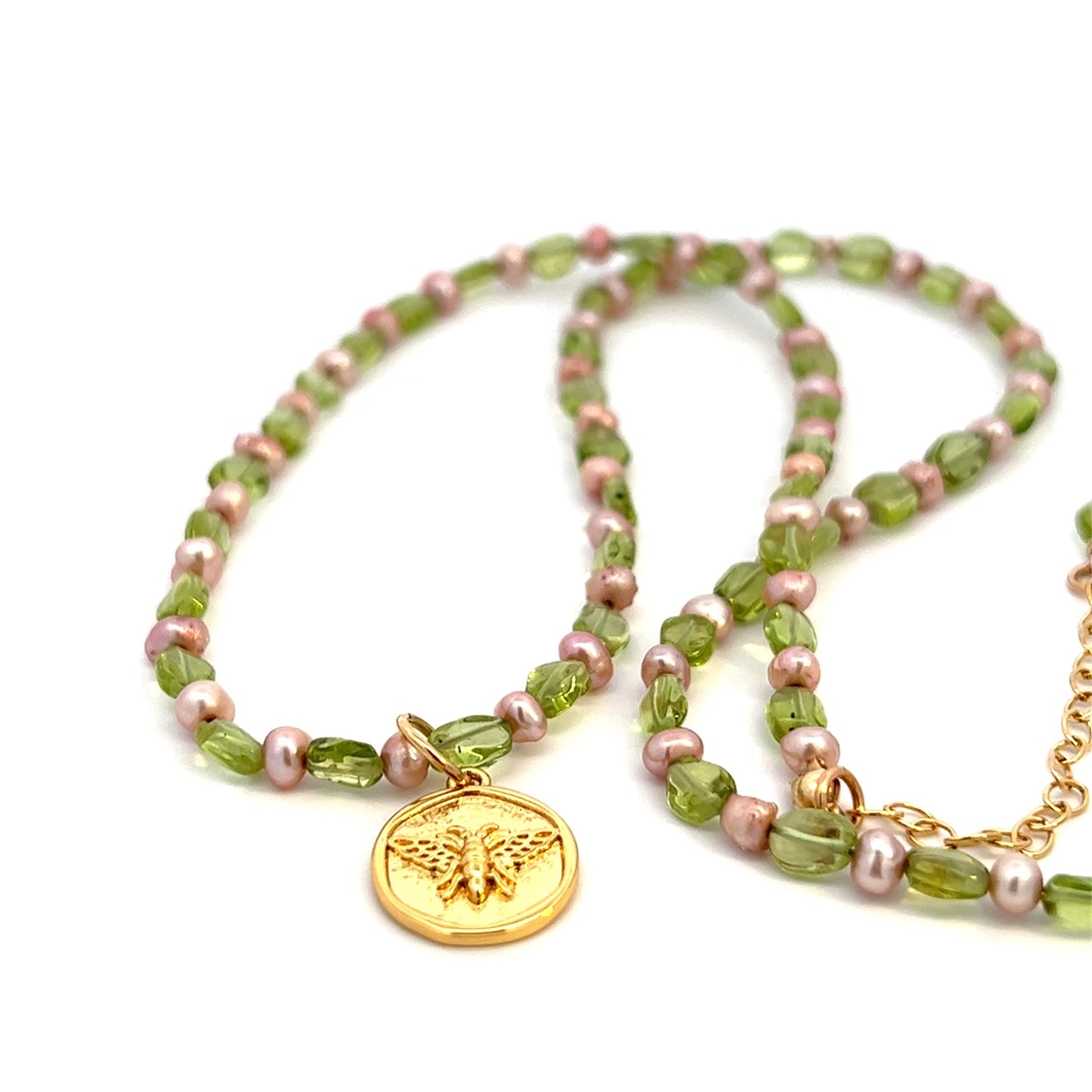 Natural Gemstone Peridot Necklace with Pearl 14k GF