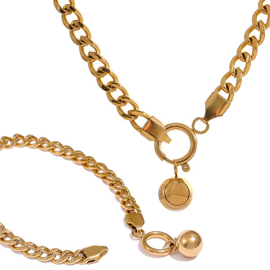 Chunky Gold Curb Chain Necklace and Bracelet Set with Gold Beads