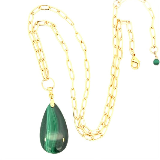 Green Malachite Pendant Necklace Paperclip Chain Gold