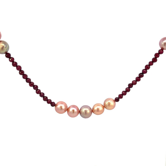 Red Garnet Necklace with Pearls on 14k GF Chain Gold