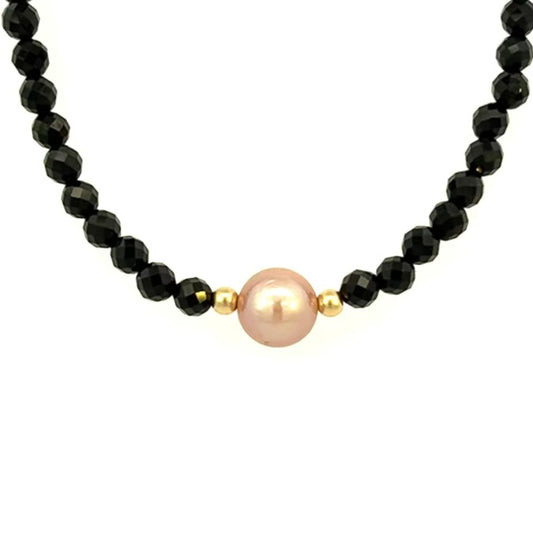 Black Spinel Choker Necklace with Pearl AAA Black Spinel 14k GF Gold