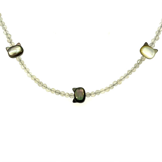 Dainty Labradorite Choker Necklace With Cats of Black Mother of Pearl 14k GF Gold