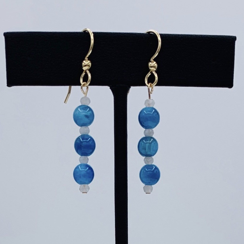 Larimar Blue Apatite and White Moonstone Earrings Natural Gemstone 14k GF