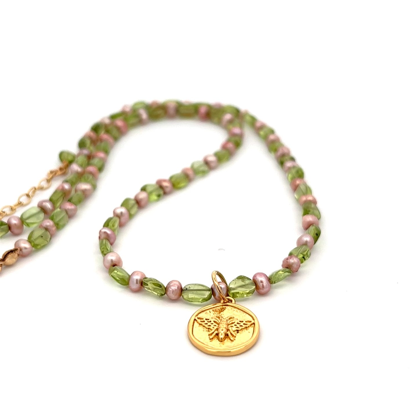 Natural Gemstone Peridot Necklace with Pearl 14k GF