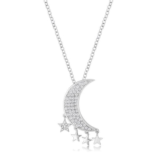 Crescent Moon and Stars CZ Pendant Necklace Silver