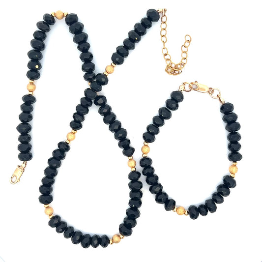 Black Gemstone Necklace and Bracelet Set 14k GF Adjustable Gold