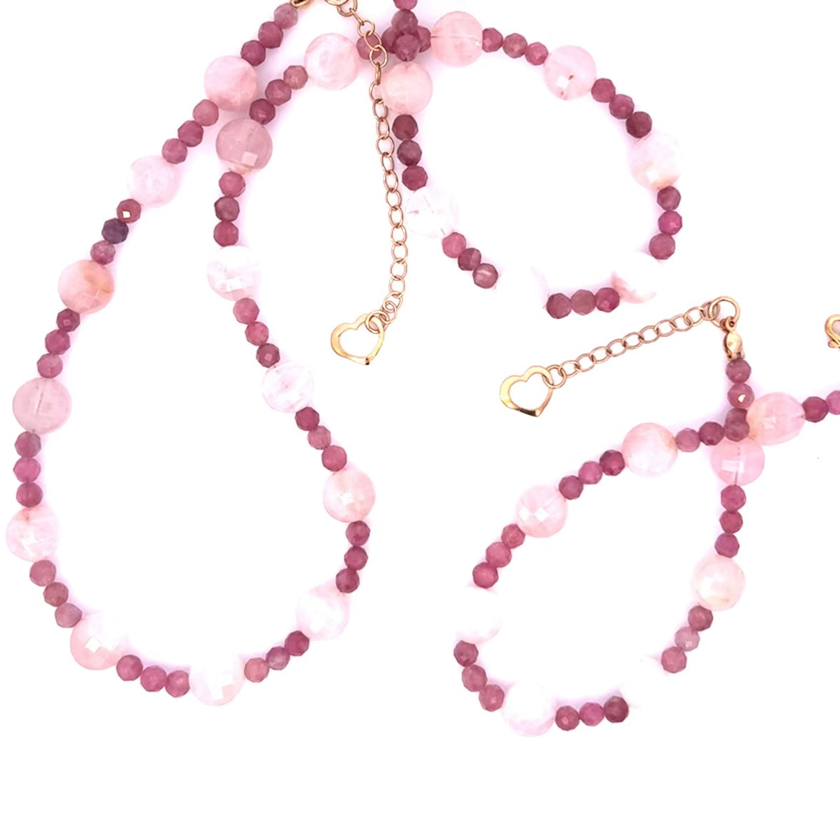 Madagascar Rose Quartz And Pink Tourmaline Necklace and Bracelet Set 14k GF Heart Charms