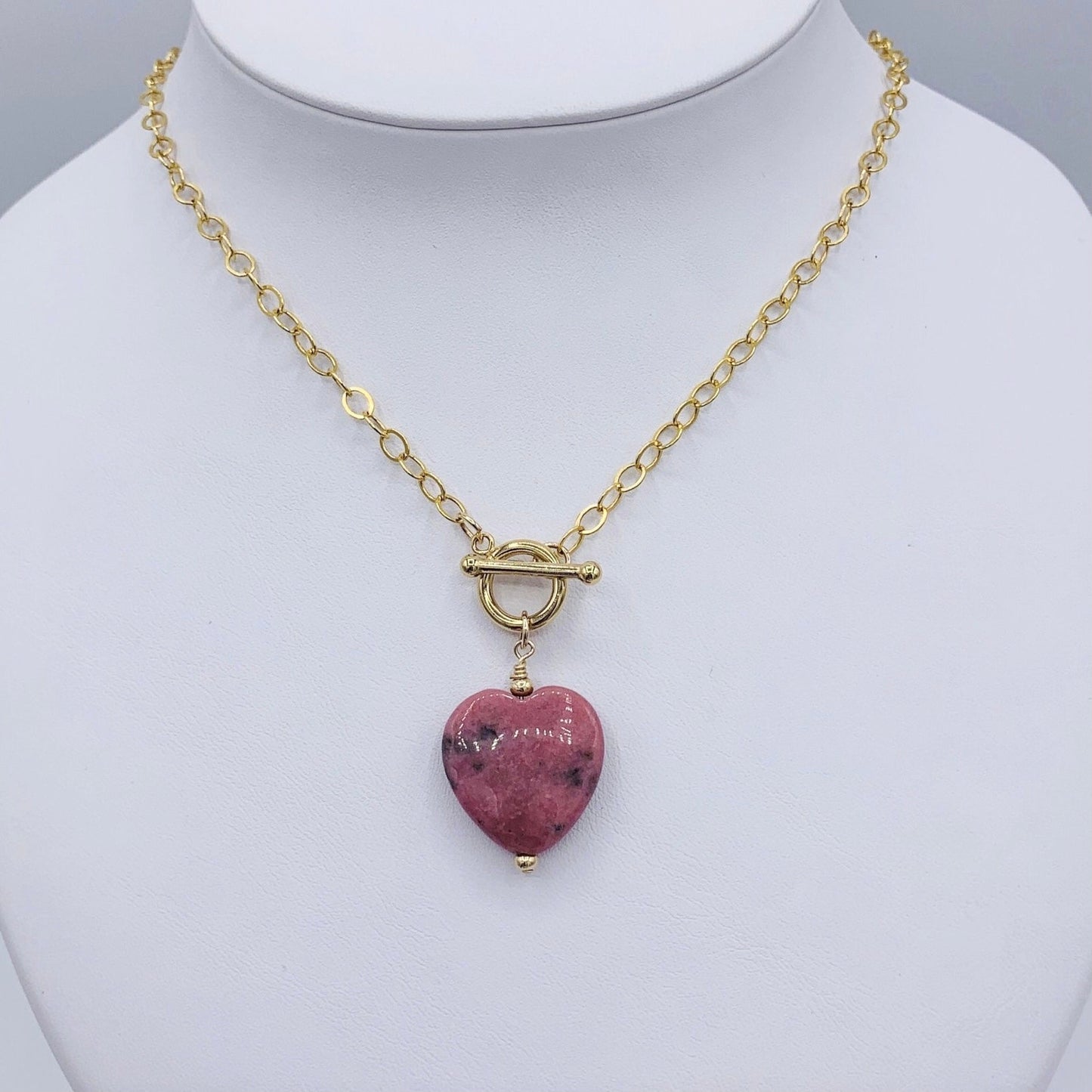 Rhodonite Heart 14k GF Heart Necklace Gold Front Toggle Necklace with Pink Heart